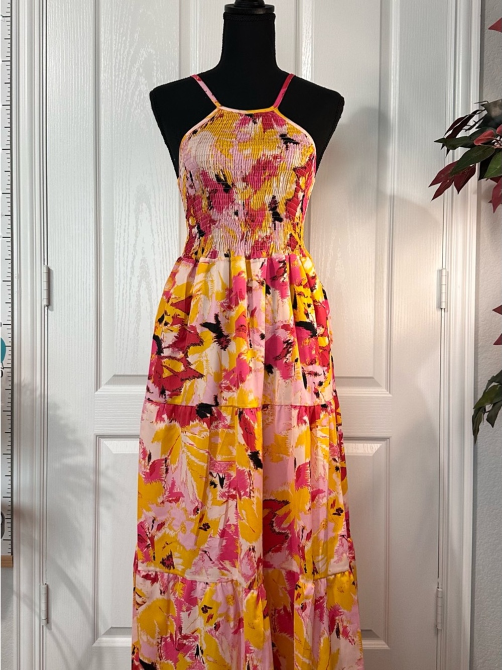 Spring/Summer Halter Smocked Dress in Pink & Yellow Floral,Length:112cm